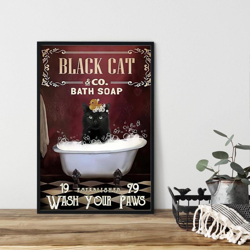 Black Cat In Bathtup Print Bath Soap Wash Your Paws Poster Funny