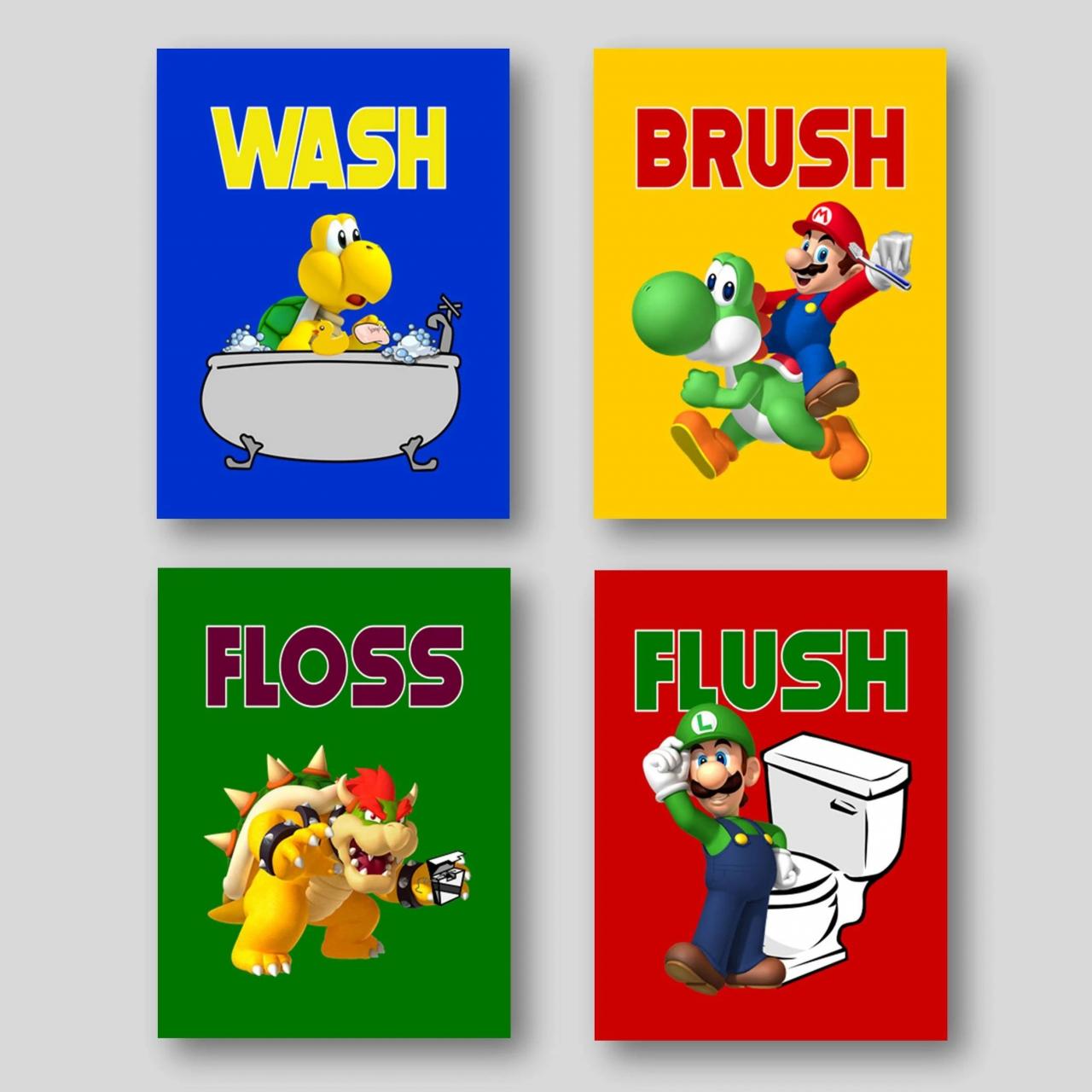 Super Mario V3 Kids Bathroom Decor Wall Art Prints Wash Brush Etsy