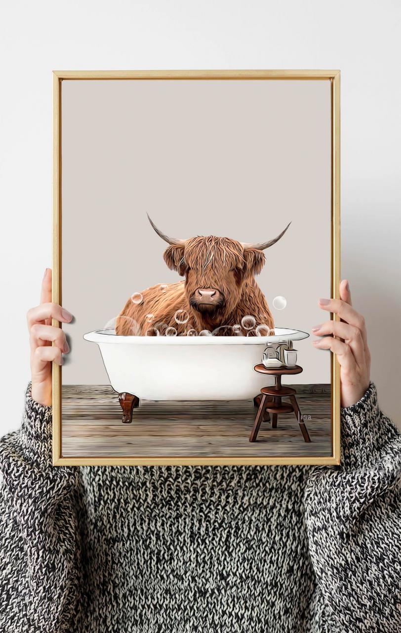 Bathroom art highland cow print cottagecore decor bathroom Etsy