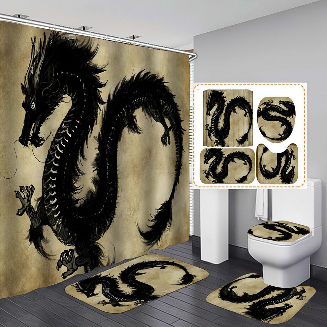 Black Dragon Bathroom set Black Dragon Curtain Rugs Etsy