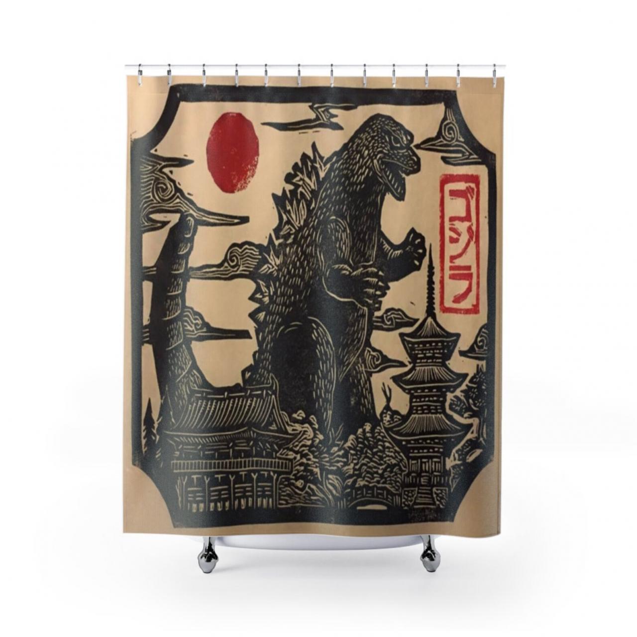 Japanese Shower Curtain Godzilla Bathroom Decor Funny Etsy