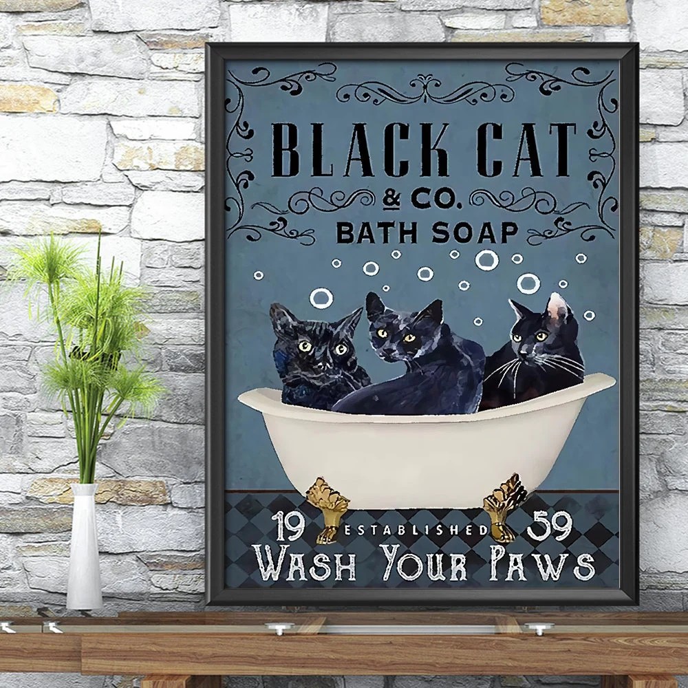 Black Cat Wash Your Paws Poster Black Cat Bathroom Decor Etsy
