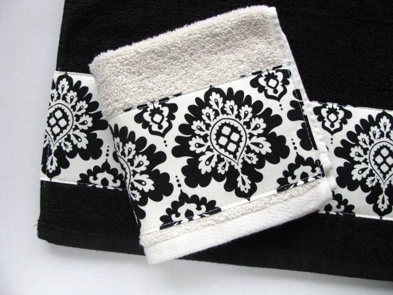 Black Damask Bath Towels Black Damask Black Towels Hand Etsy