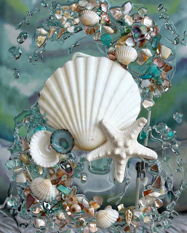 Beach Glass Decor of Seashell Art Beach Bathroom Decor Wall Etsy