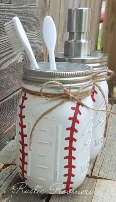 Rustic Baseball Bathroom Decor Painted Mason Jars 2 Pc Etsy