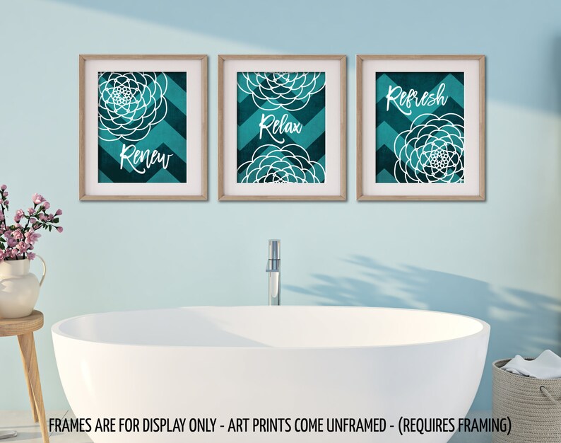 Teal Bathroom Wall Art Prints Renew Relax Refresh Flower Etsy