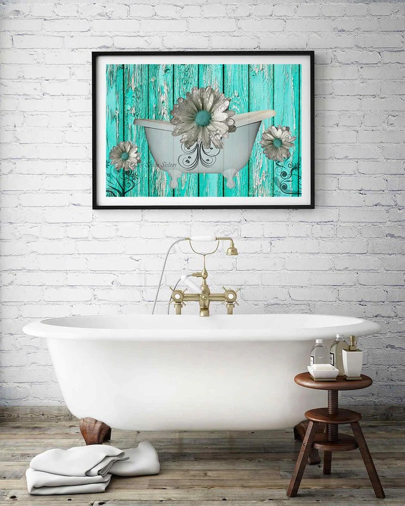 Farmhouse Bathroom Print or Canvas Rustic Teal Bathroom Wall Etsy