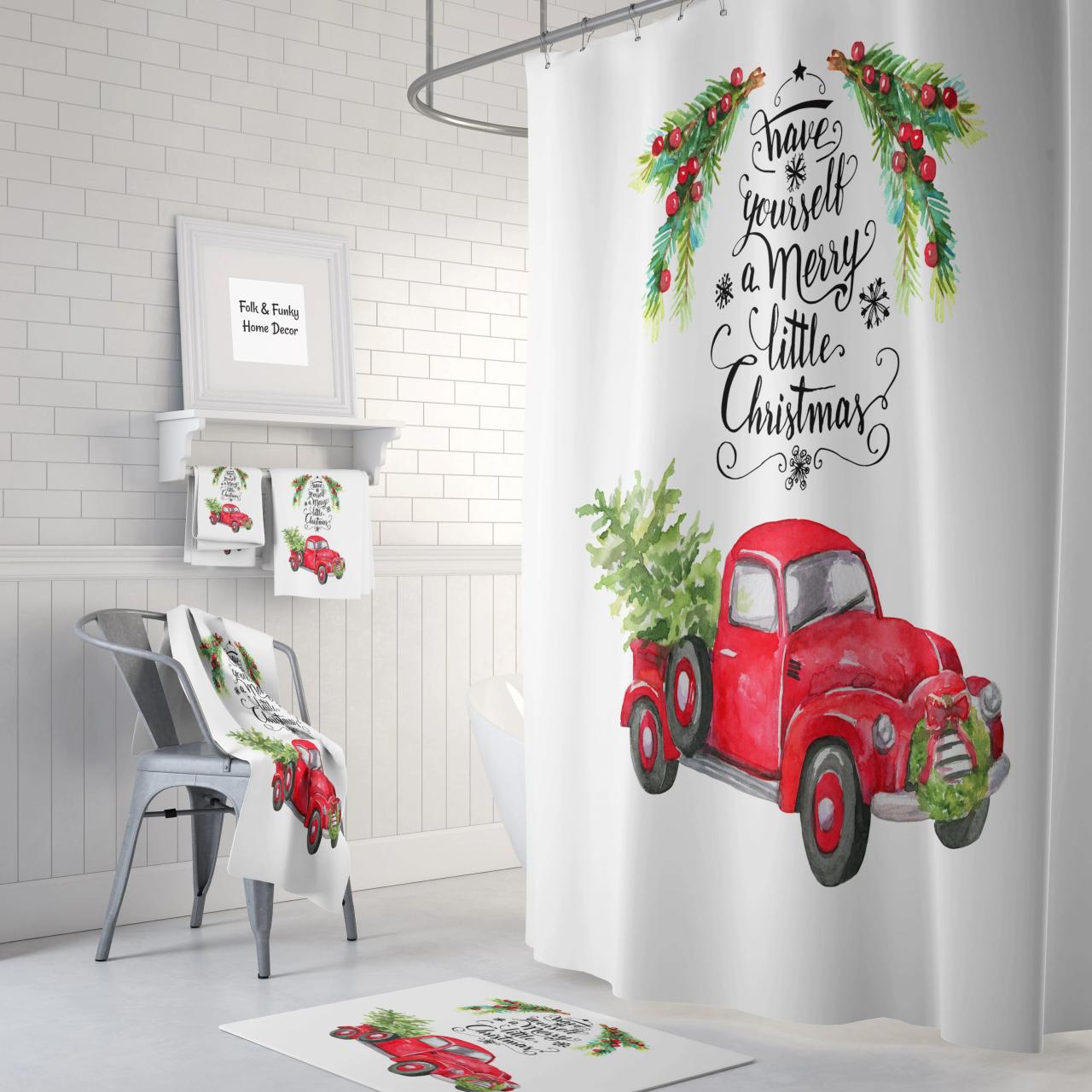 Christmas Red Truck With Tree Shower Curtain Bath Mat Towels Etsy