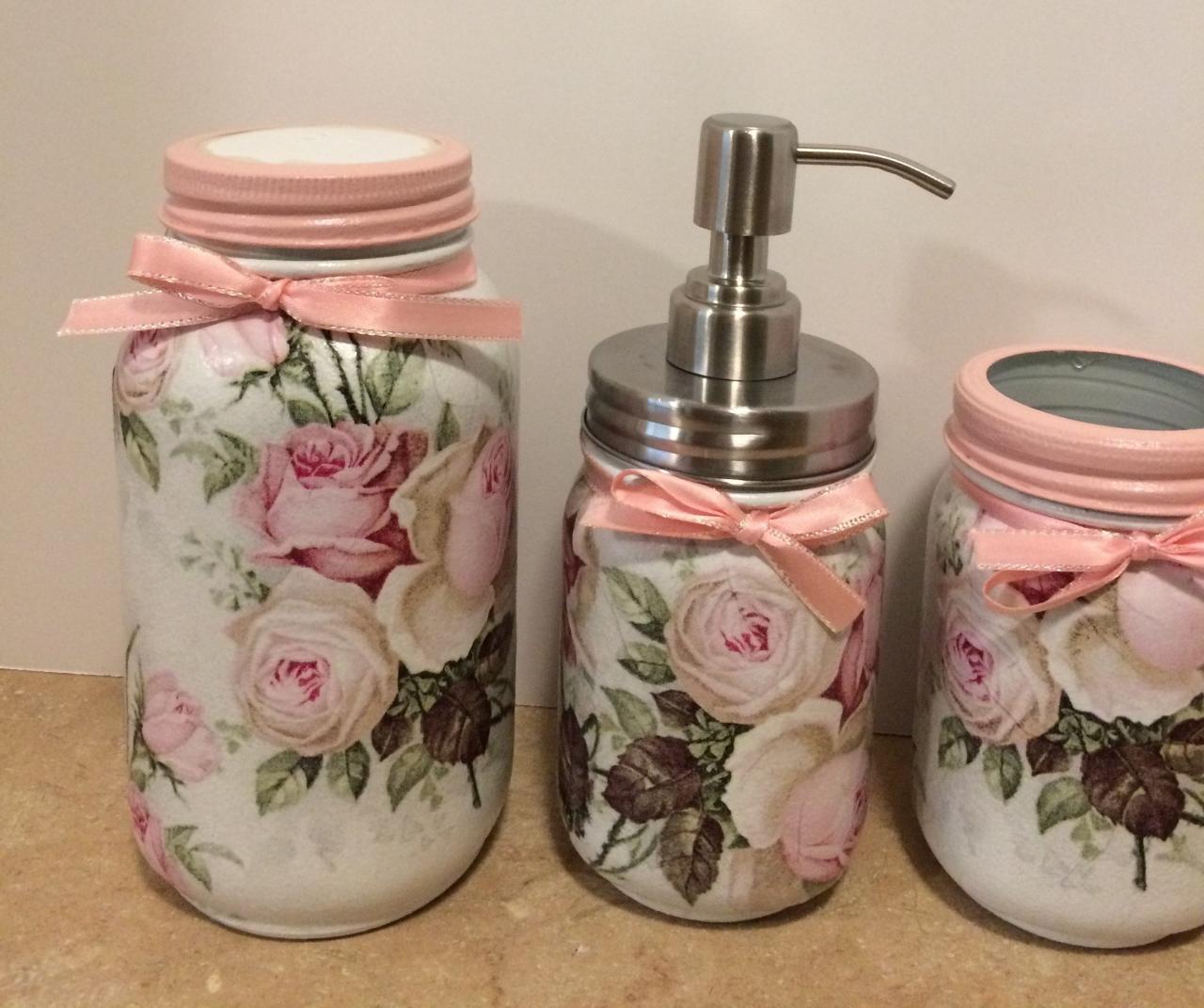Mason Jar Bathroom set,Mason Jar Decor,Rose Decor,Pink Rose Decor