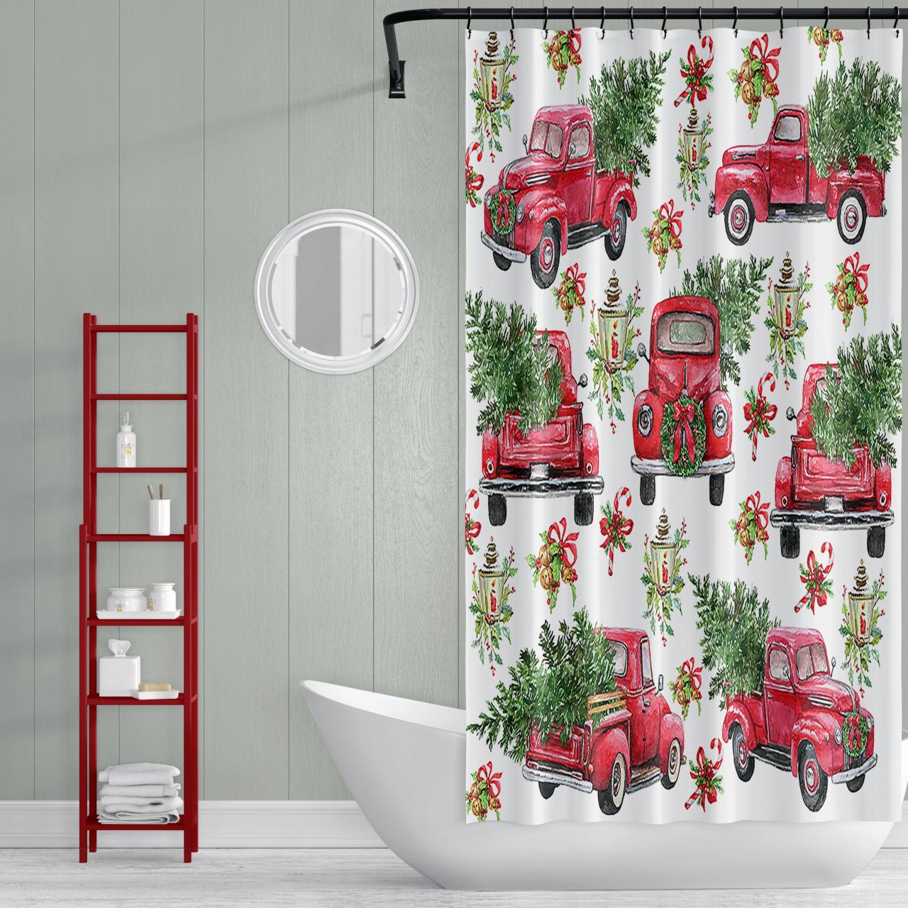Red Truck Christmas Shower Curtain Holiday Shower Curtain Etsy