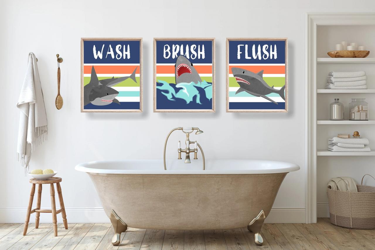 Shark Bathroom Wall Art Kids Bathroom Prints Bathroom Rules Etsy