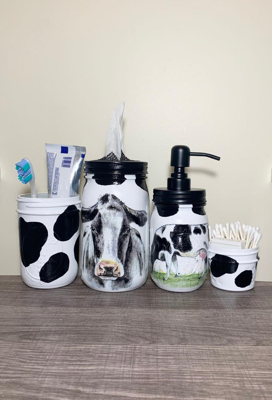 COW Mason Jar Bathroom Set Decoupage & Painted Bathroom Etsy