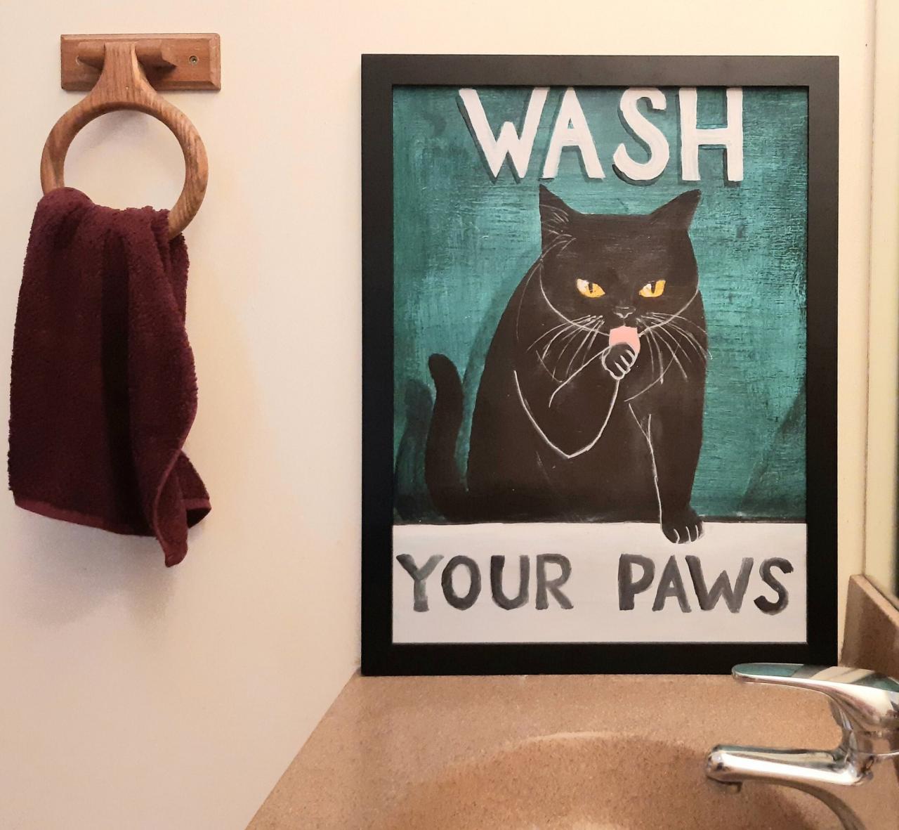 Black Cat Painting Bathroom Art Print Wash Your Paws Etsy