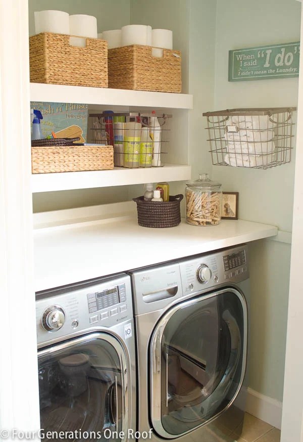 Budget Laundry Closet with DIY Floating Shelves Four Generations One Roof