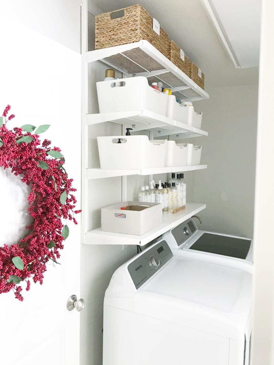 Simple DIY Updated Shelving for a Small Laundry Room simply organized