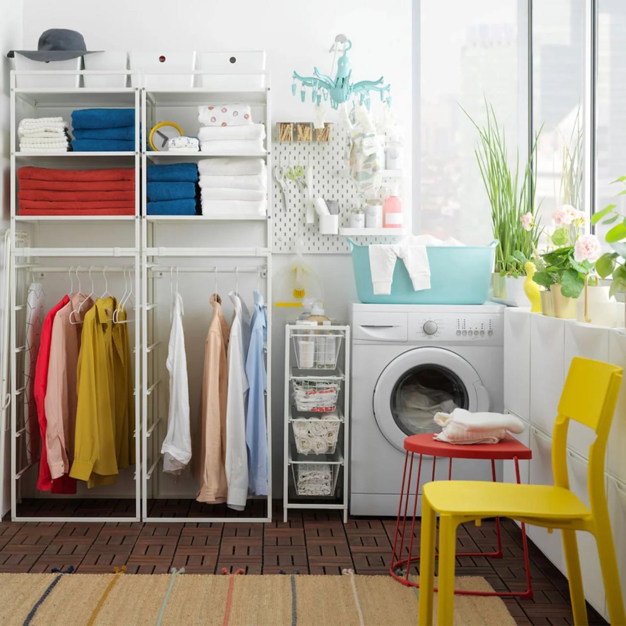 Affordable laundry room with JONAXEL shelving unit IKEA