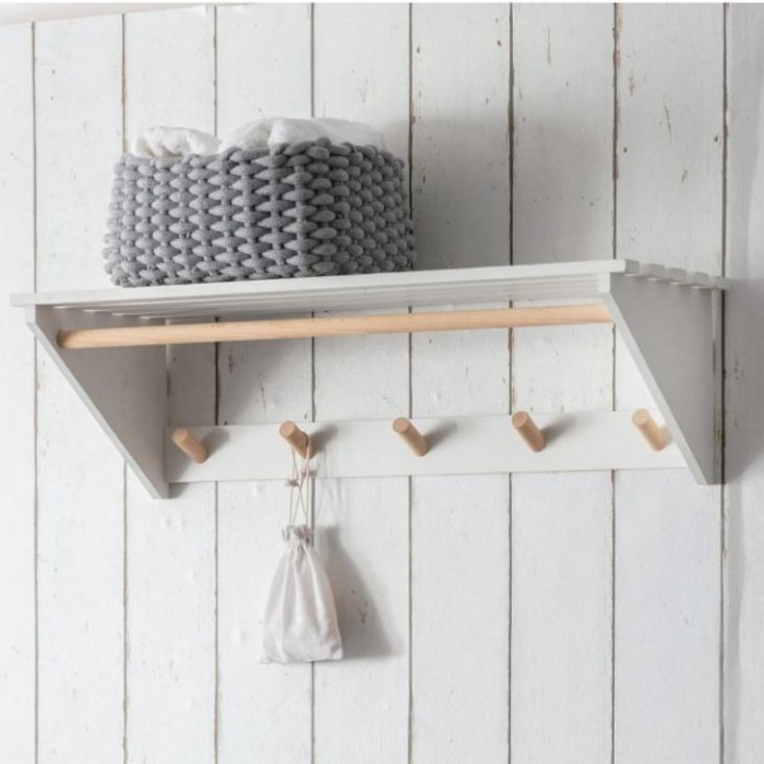 White Slatted Laundry Shelf with Hooks Black Country Metalworks