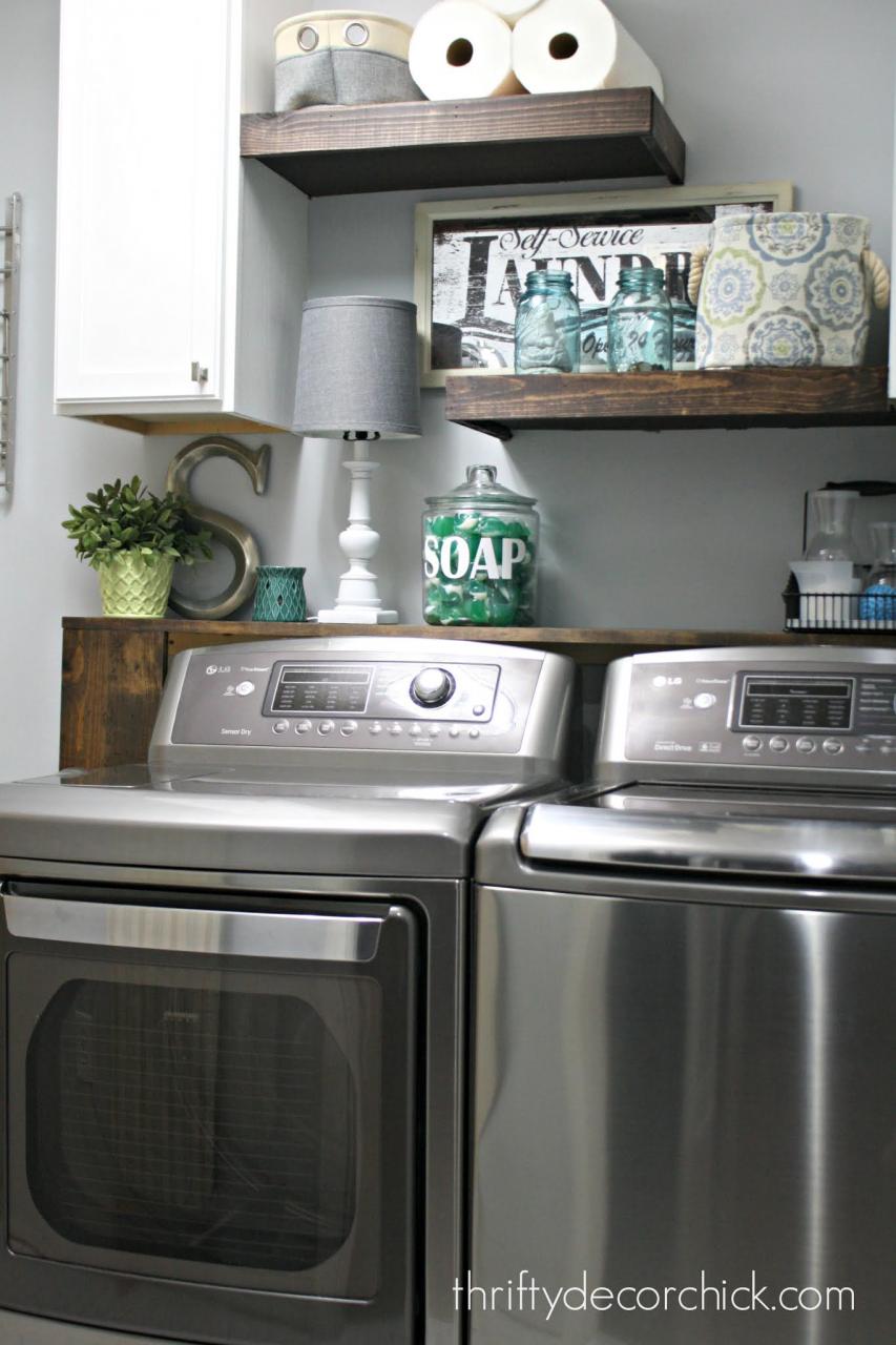 Easy DIY laundry shelf over washer and dryer Thrifty Decor Chick