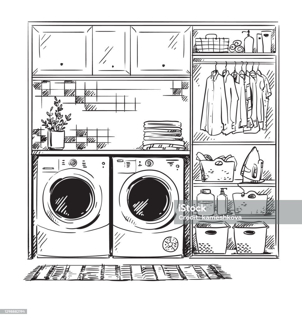 Line Interior Sketch Modern Laundry Room Black And White Drawing Stock