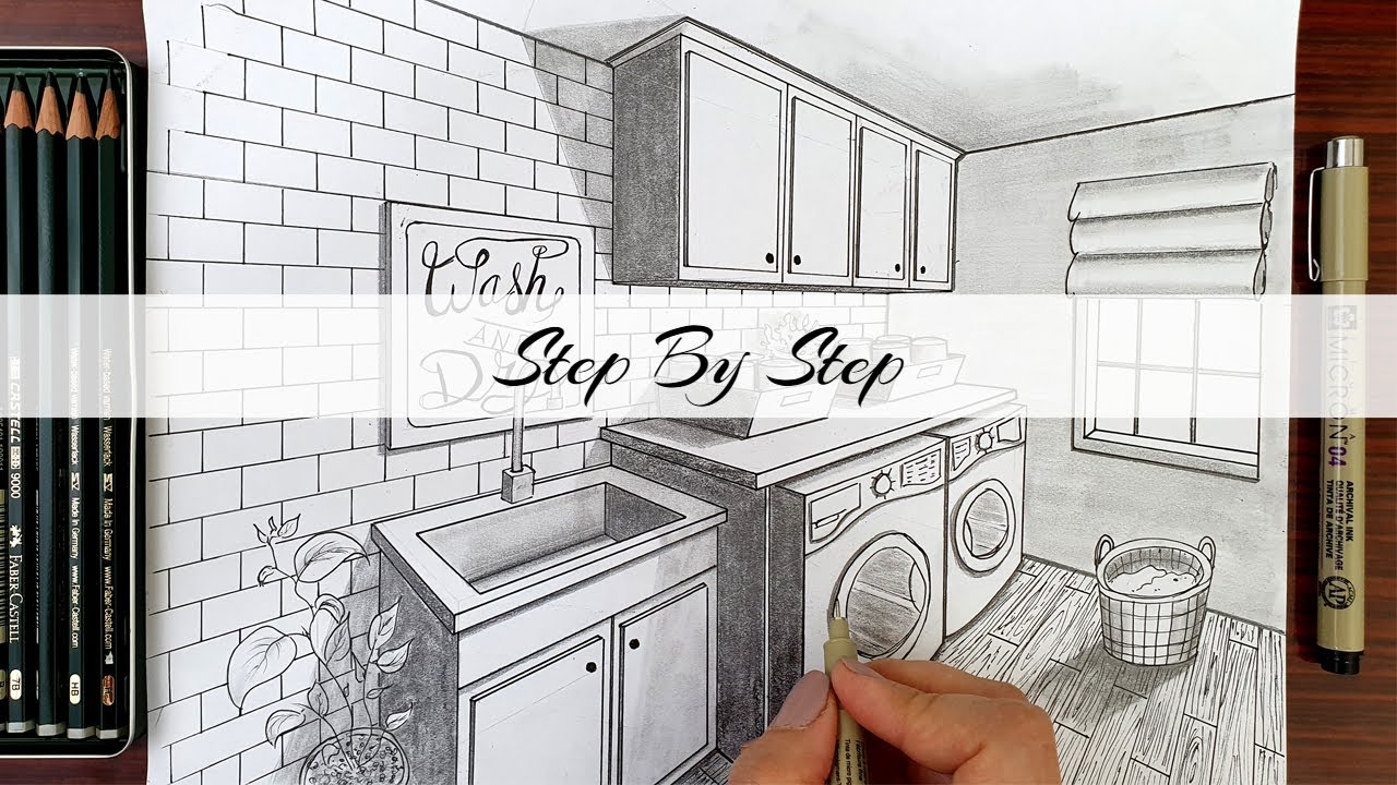 How to Draw A Laundry Room in Two Point Perspective Step By Step