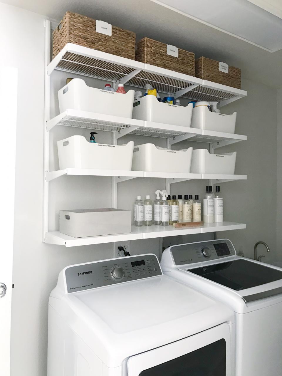 Expandable Laundry Room Shelves With Closet Rod, 64 120 White Wire Wall