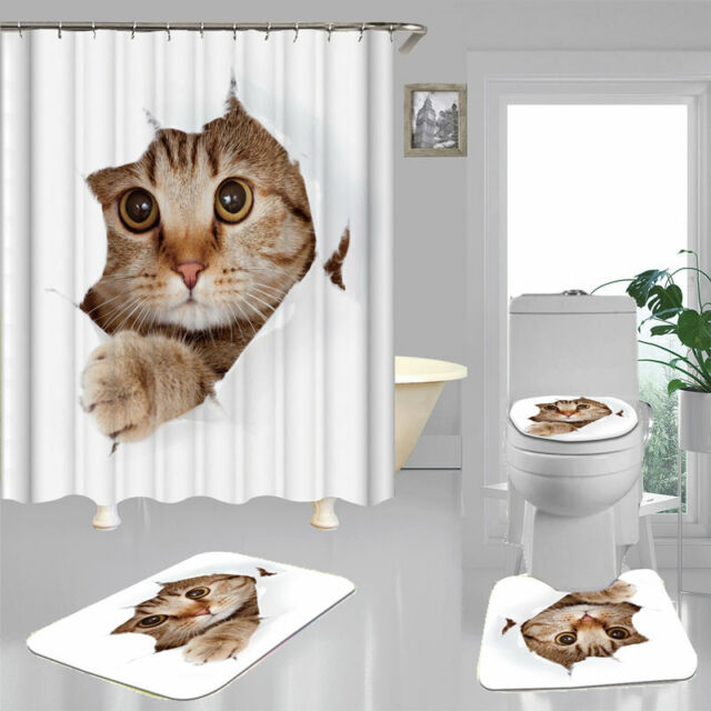 Naughty Cat Shower Curtain Bath Mat Toilet Cover Rug Funny Bathroom
