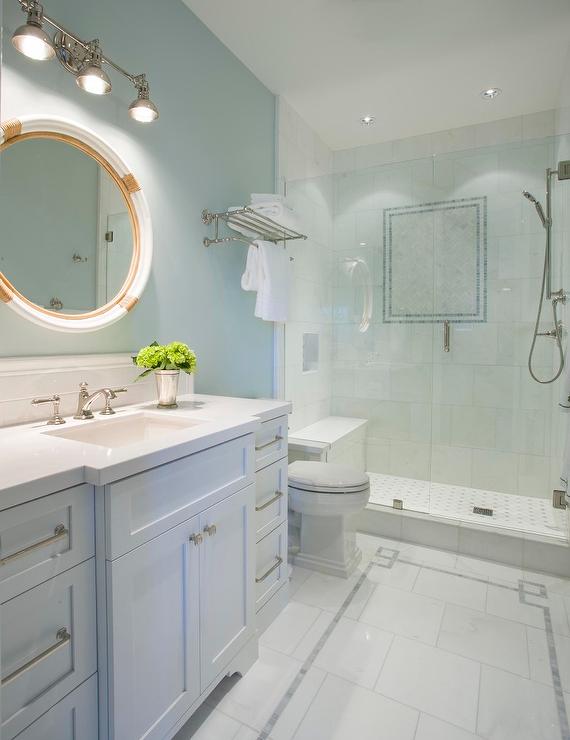 White and Blue Bathroom with Greek Key Floor Tiles Transitional