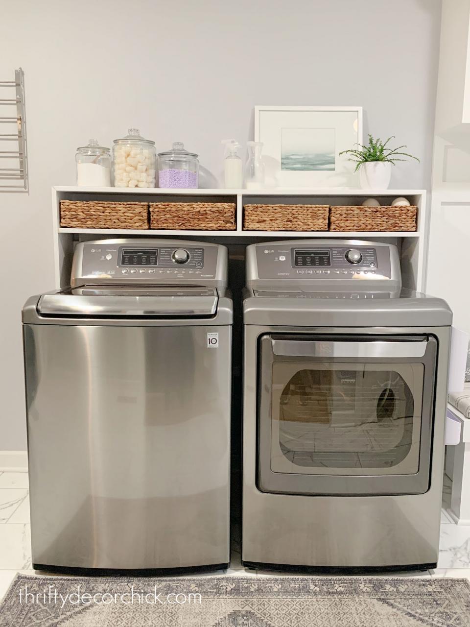 Easy DIY laundry shelf over washer and dryer Thrifty Decor Chick