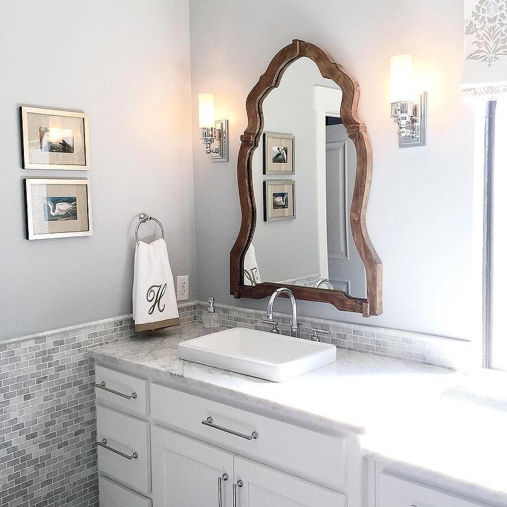 White and Silver Bathroom Design with Monogram Towels Transitional