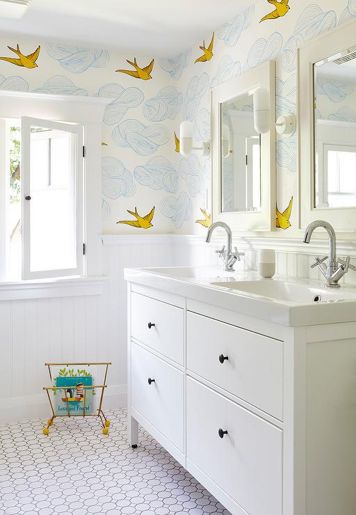 Girls bathroom with Yellow and Blue Wallpaper Transitional Bathroom